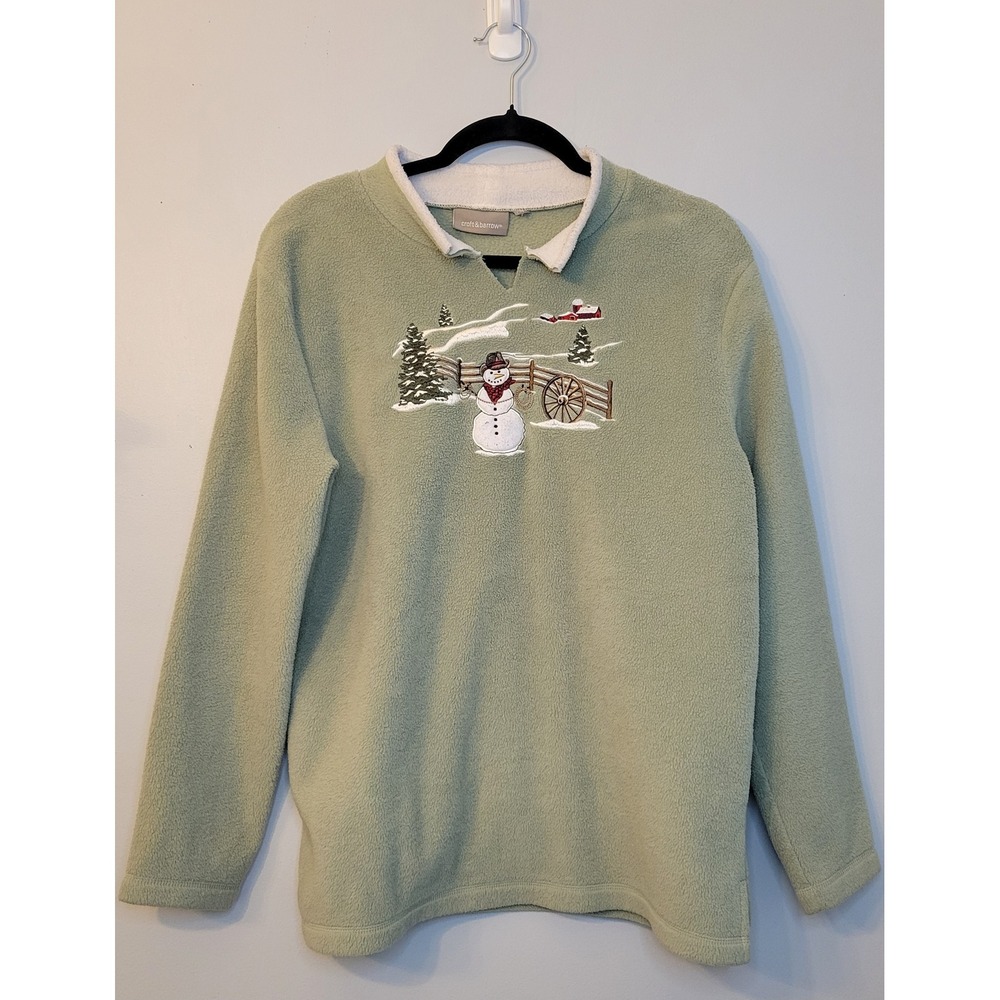 Vintage 90s Croft & Barrow Western Snowman Fleece Sweatshirt Sage Green L XL